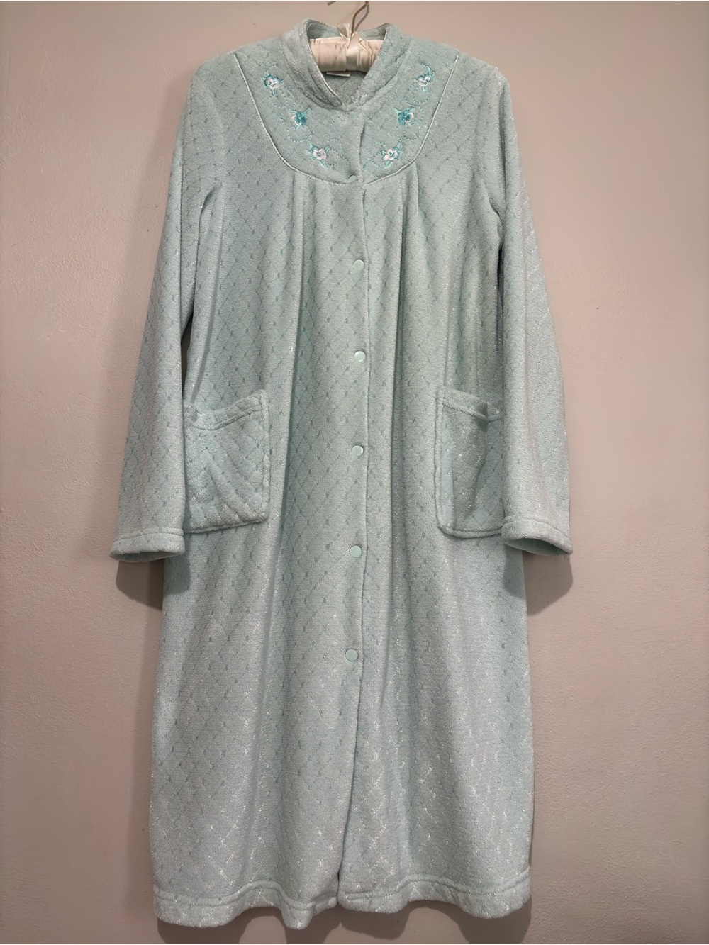 Vintage Blue Plush Long Nightgown Pajamas Robe Embroidered Floral Cottagecore